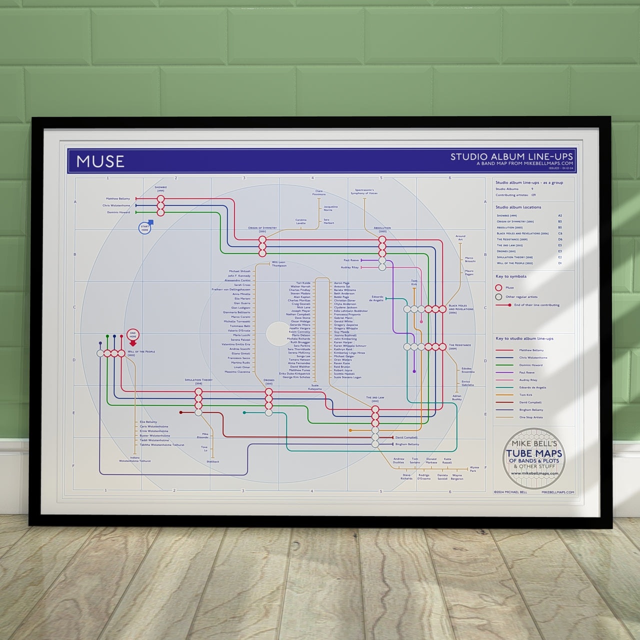 Muse unique art print of a music map, perfect gift for fans of music, records, and gigs.