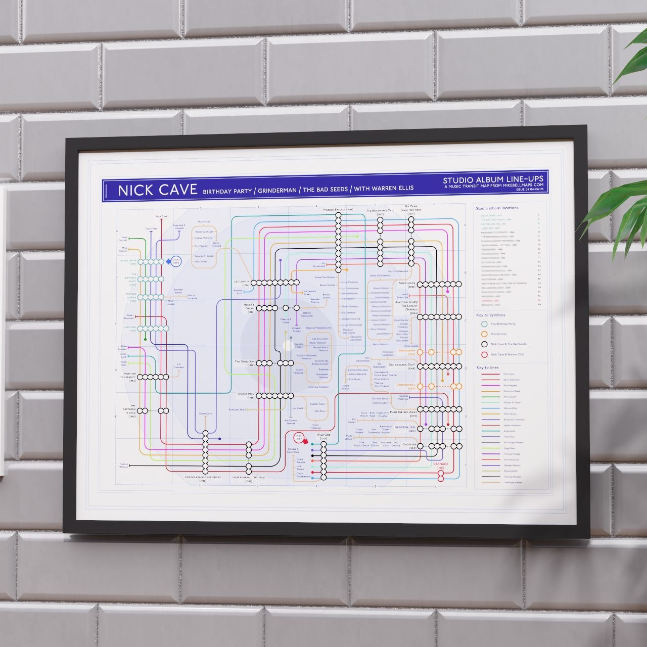 Music wall art gift for Cave and Bad Seeds fans - 24x18in (A2 equivalent) framed Giclée discography tube map hung on a wall, designed by Mike Bell.