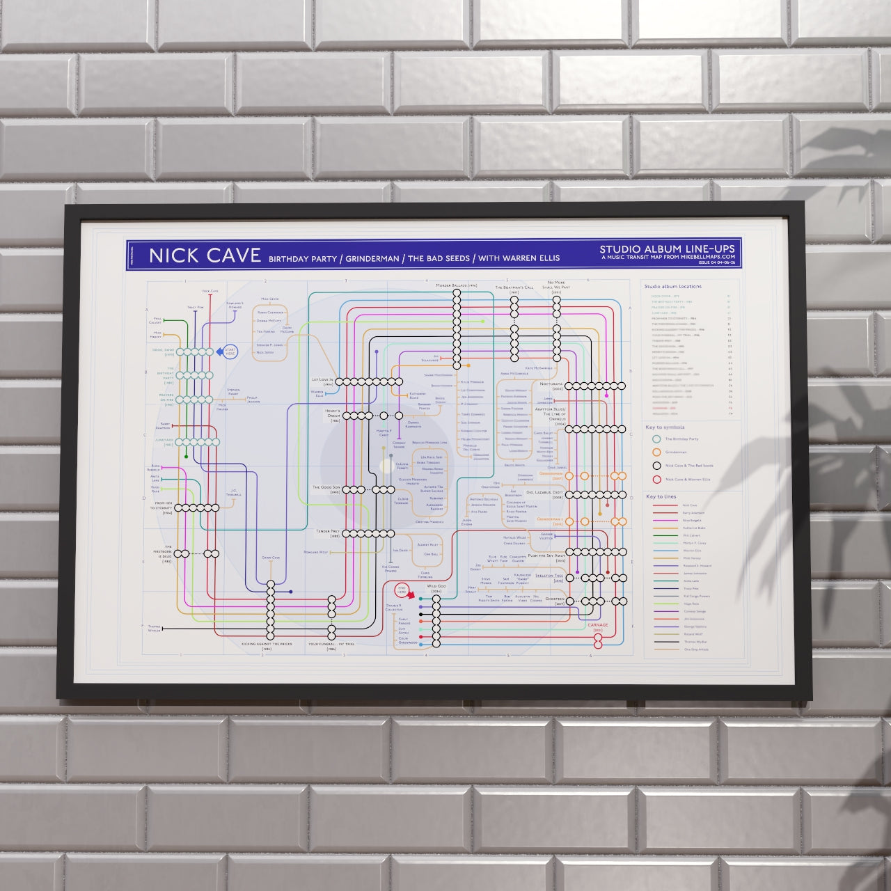 Perfect gift for Nick Cave fans - 36x24in (A1 equivalent) framed Giclée discography tube map hung on a wall, music wall art for fans, music lovers and vinyl collectors, designed by Mike Bell.