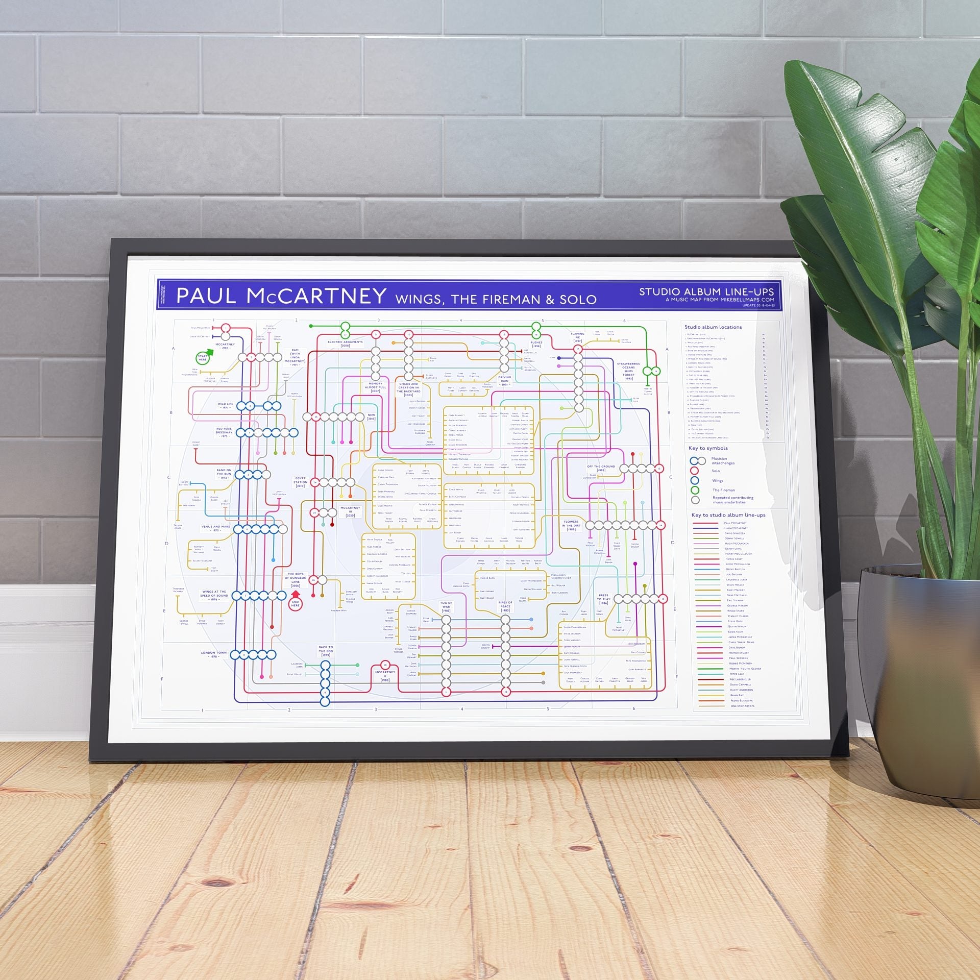 Paul McCartney discography tube map framed and leaning against a wall, landscape Giclée wall art print covering Wings, The Fireman and solo albums, by Mike Bell.