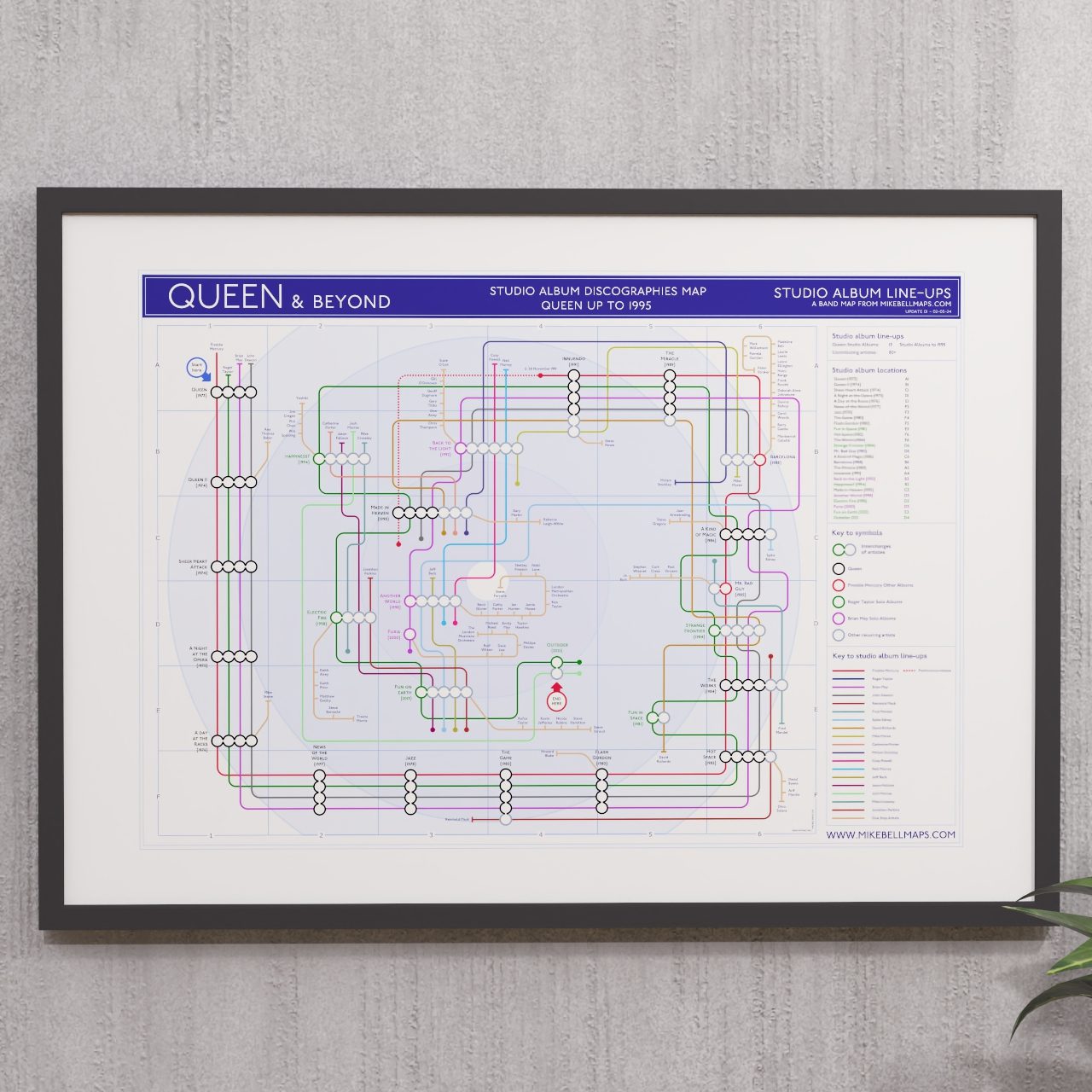 Gift for Queen fans - A2 (420x594mm, 18x24in) framed Giclée discography tube map wall art print, designed by Mike Bell.