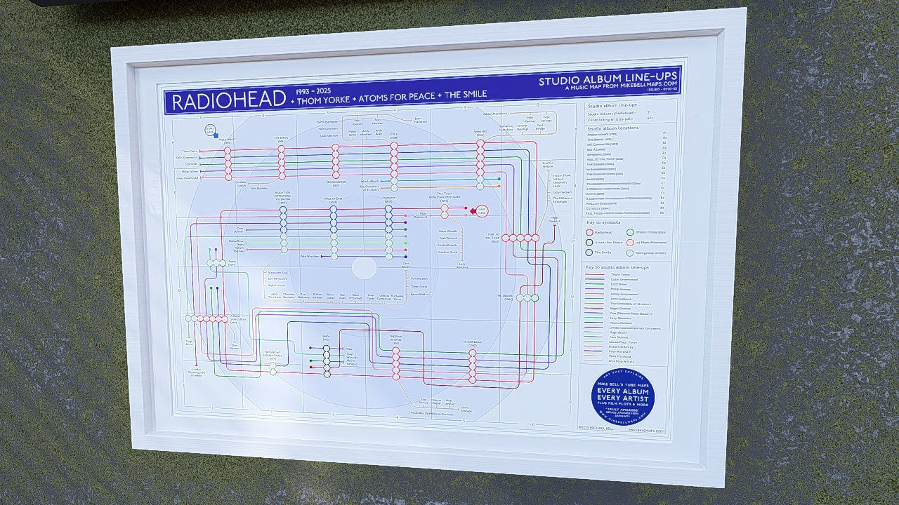 A2 framed Radiohead albums music map poster by Mike Bell, showing band members and collaborators as interconnected tube lines across the discography