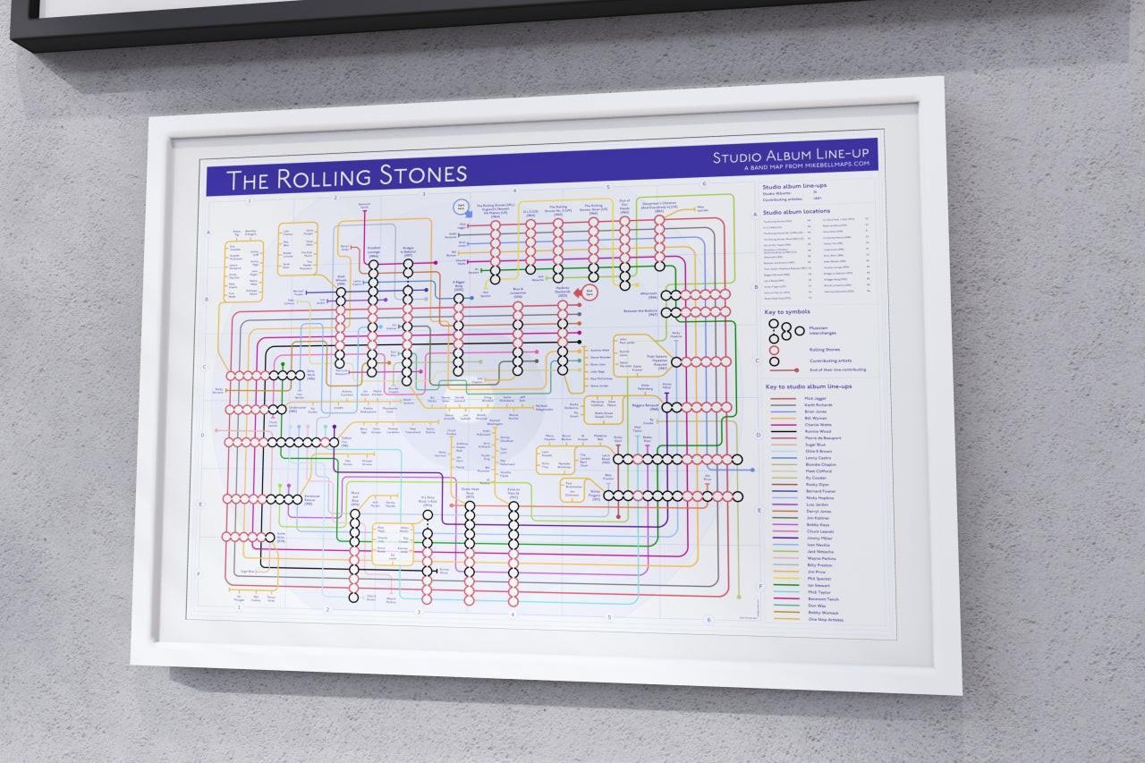 Rolling Stones albums in order music map in a black A2 landscape frame against a white interior wall, wall art print from Mike Bell&