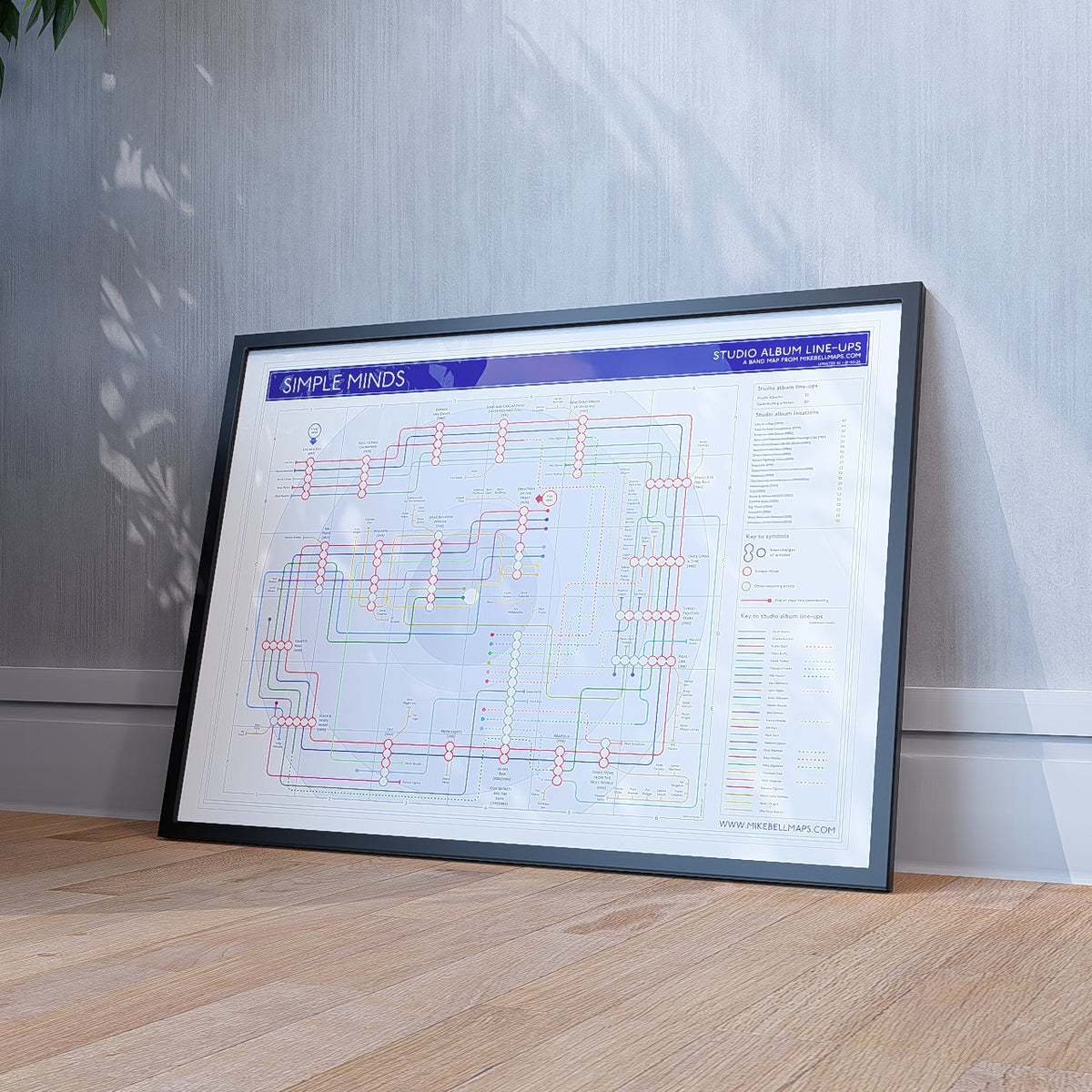 Photograph of the Simple Minds discography map art print by Mike Bell.