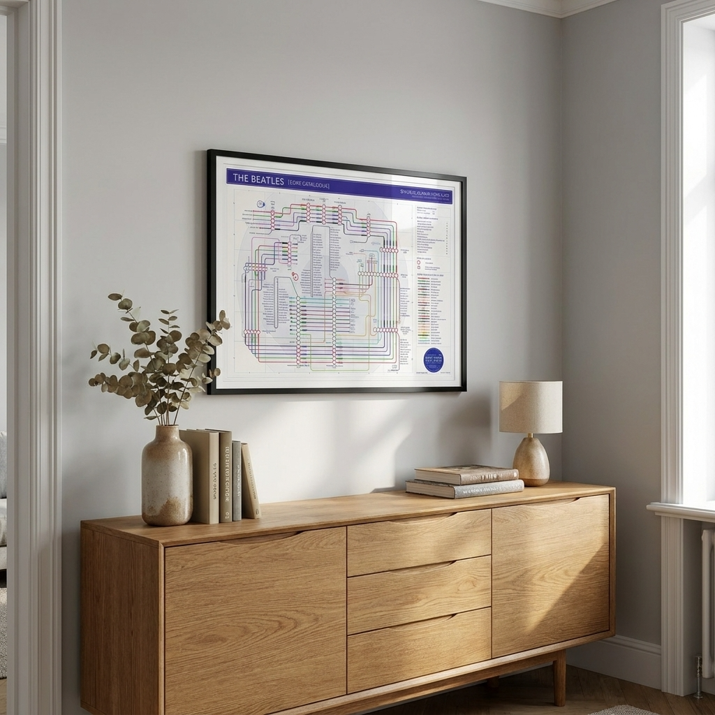 Wooden sideboard with decorative items in a room with a Beatles Discography Tube Map Art Print