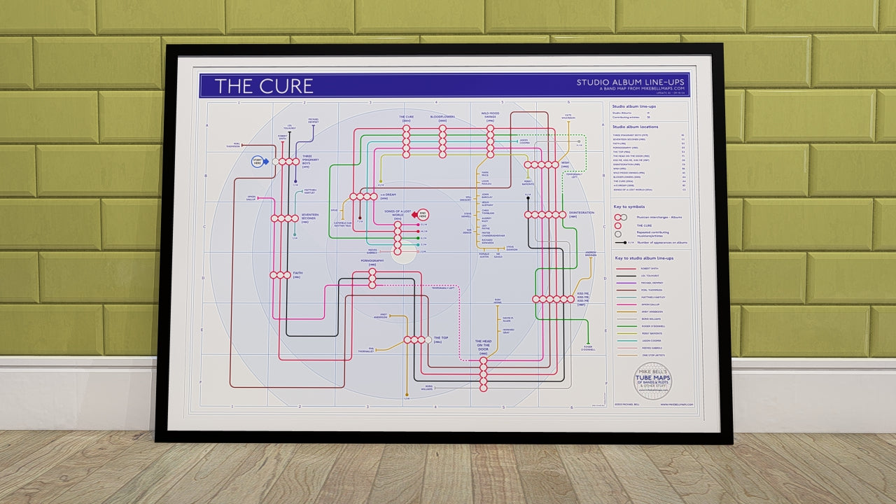 The Cure discography map art print in colourful tube diagram layout