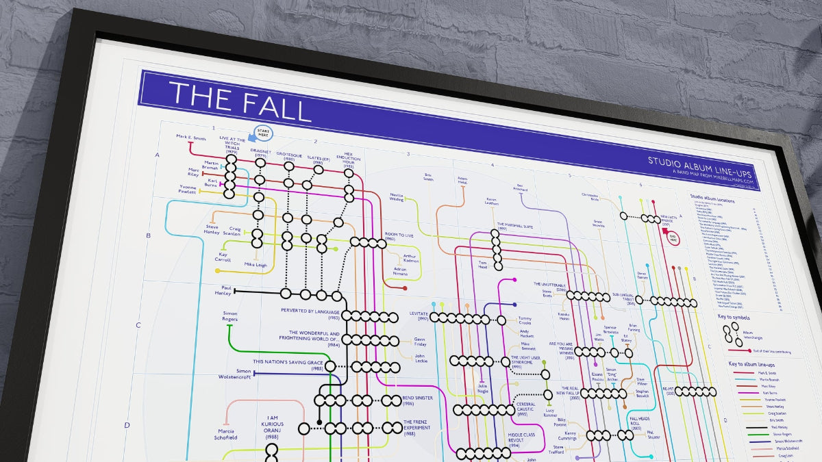 The Fall unique art print: music map highlighting all album and collaboration discography.