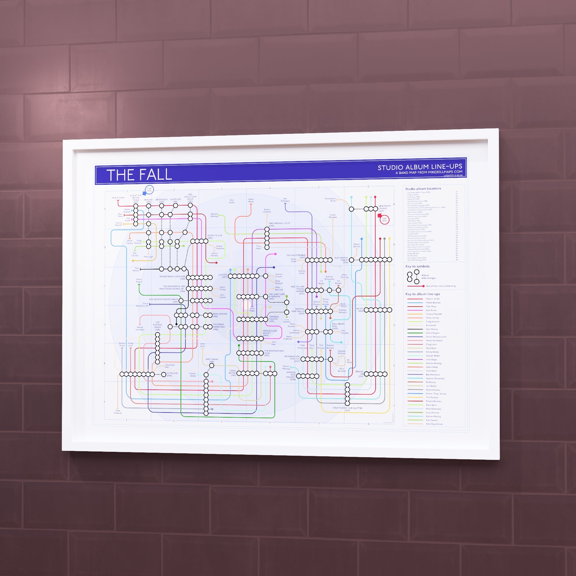 The Fall discography tube map in A1 size, framed Giclée wall art print in white handmade Italian solid wood frame by Mike Bell.