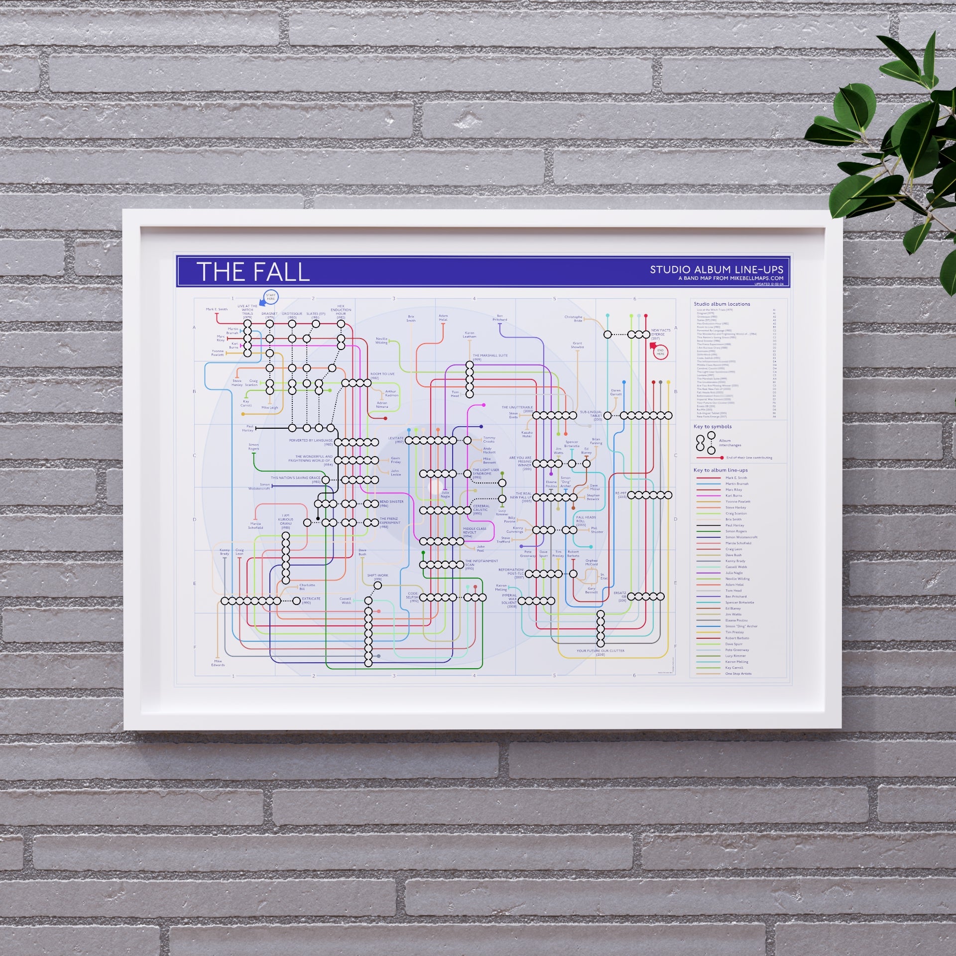 The Fall discography tube map in A2 size, framed Giclée wall art print in white handmade Italian solid wood frame by Mike Bell.