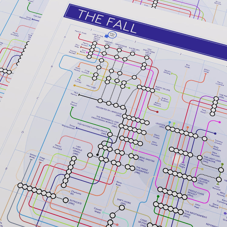 Close-up of The Fall discography tube map showing the dense network of musicians who passed through the band across 31 studio albums from 1979 to 2017, designed by Mike Bell.