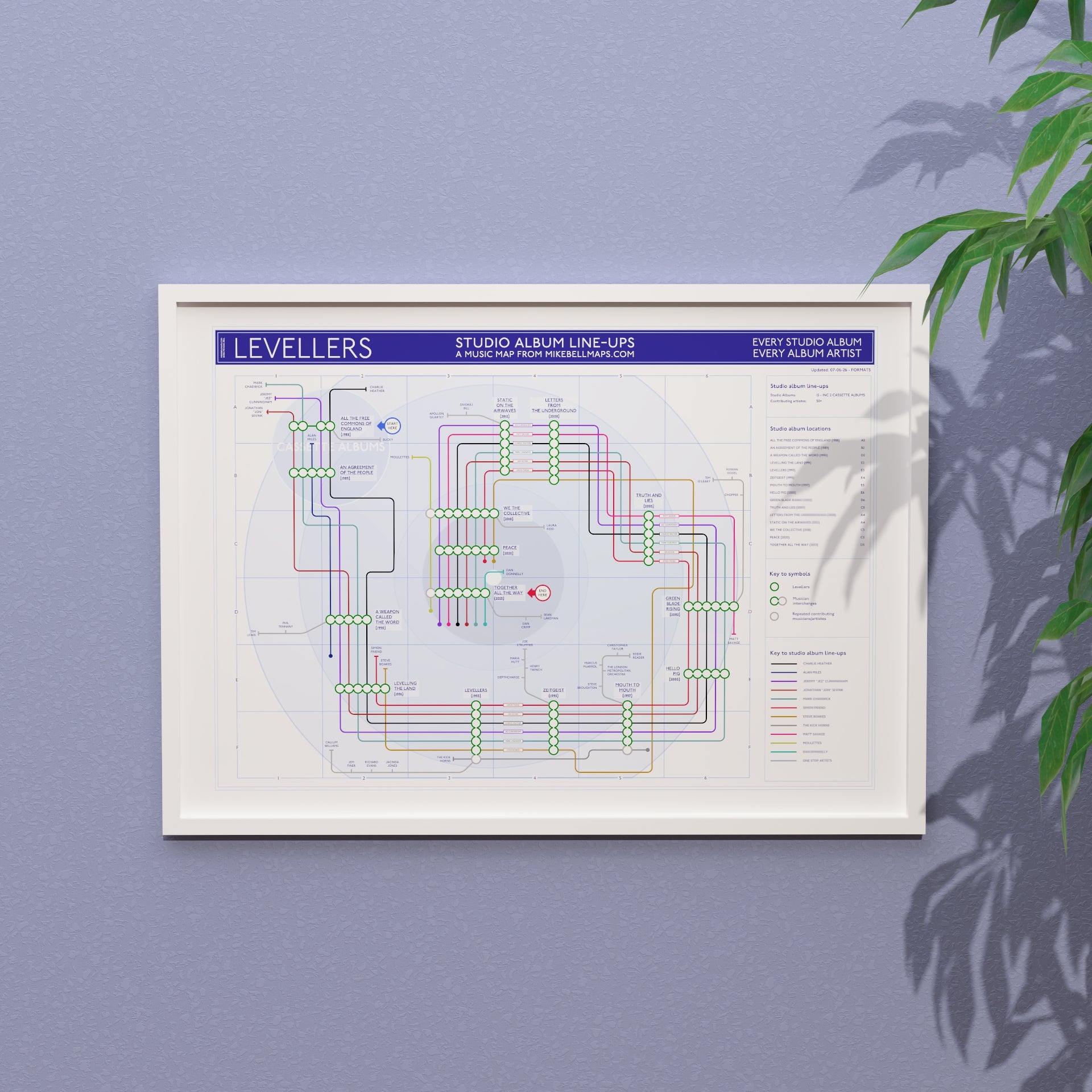 The Levellers discography tube map in A1 size, framed Giclée wall art print in white handmade Italian solid wood frame by Mike Bell.
