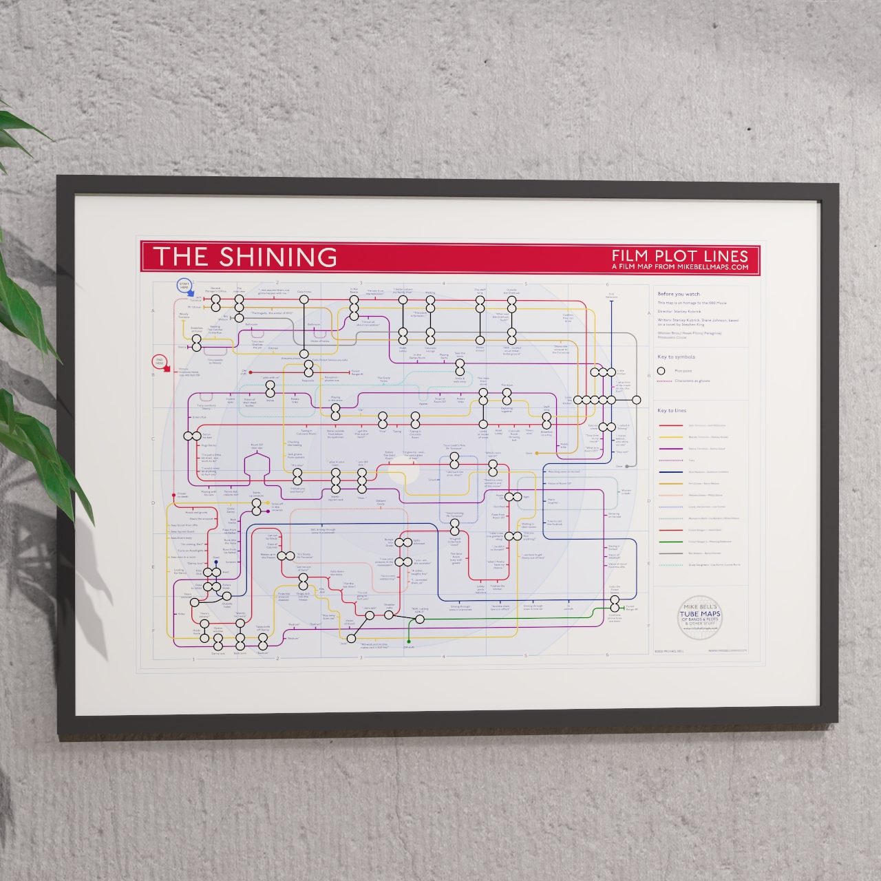 Ideal gift for The Shining fans - A1 framed Giclée plot map hung on a wall, designed by Mike Bell.