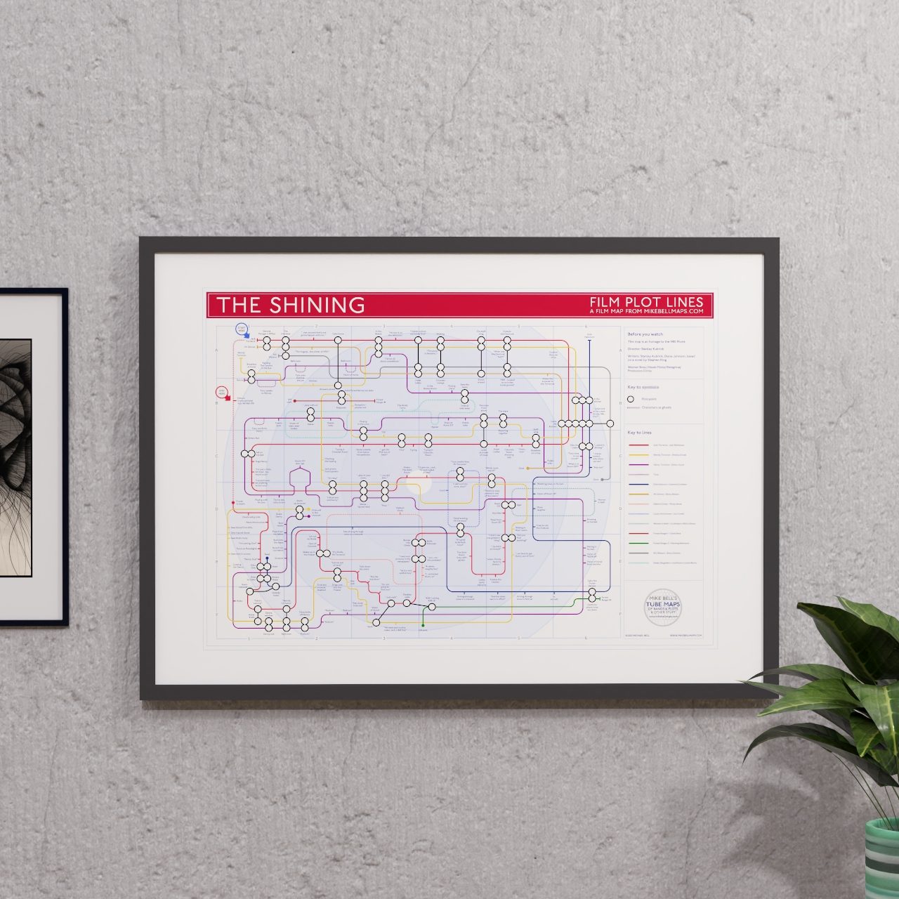 Gift for The Shining fans - A2 (420x594mm, 18x24in) framed Giclée plot map wall art print, designed by Mike Bell.