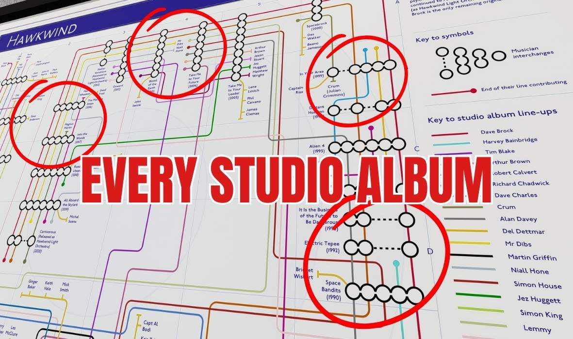 Mike Bell Maps Art prints: detailed transit maps showing every studio album as a station and every musician as separate tube lines.