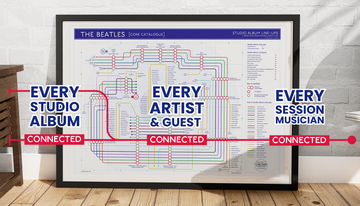 Music discography tube map art prints showing studio albums as stations and credited musicians as lines, designed by Mike Bell at mikebellmaps.com.