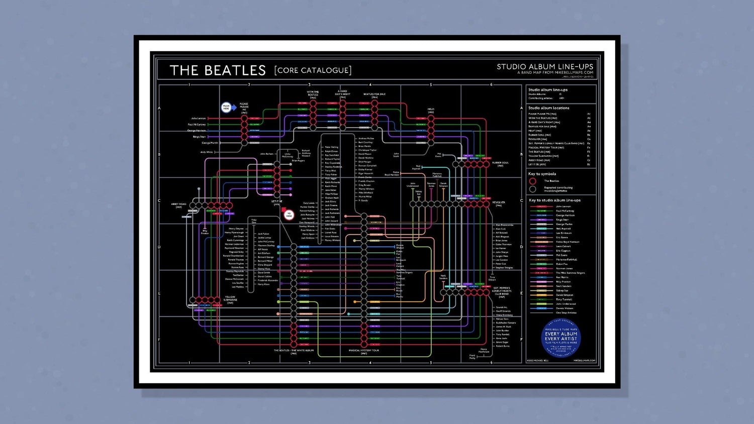 Unique art print showing The Beatles' studio albums and musicians as a transit map on archival quality paper. Framed/unframed options available.