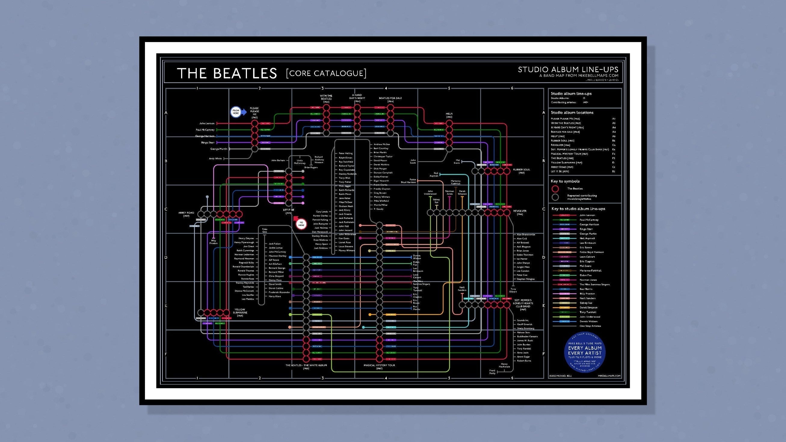 Unique art print showing The Beatles' studio albums and musicians as a transit map on archival quality paper. Framed/unframed options available.