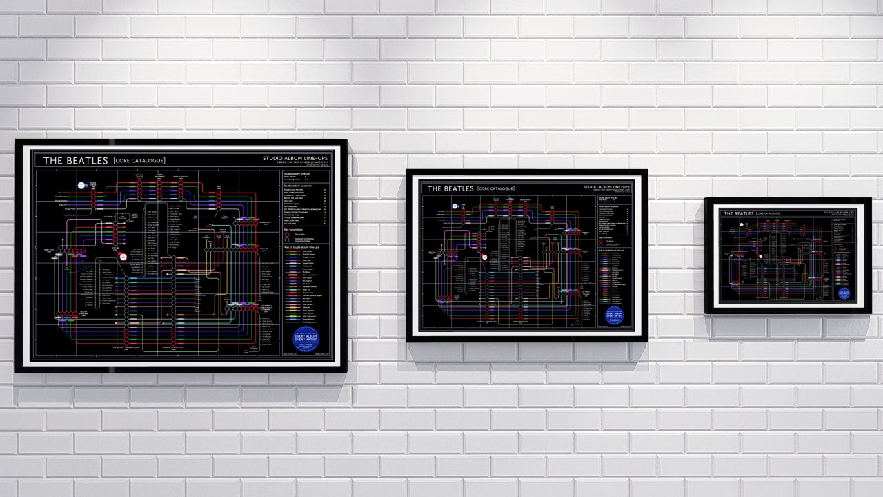 Mike Bell Maps Music Map art print shows studio albums as stations, band members & guests as tube lines, connecting & re-connecting.