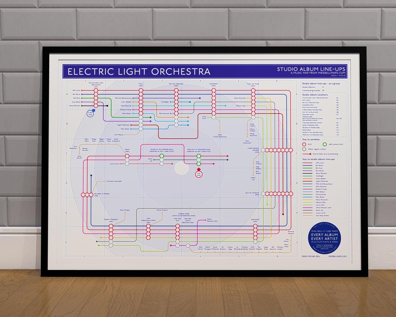 Gift for ELO fans, framed discography tube map art print of every Electric Light Orchestra studio album in order, designed by Mike Bell