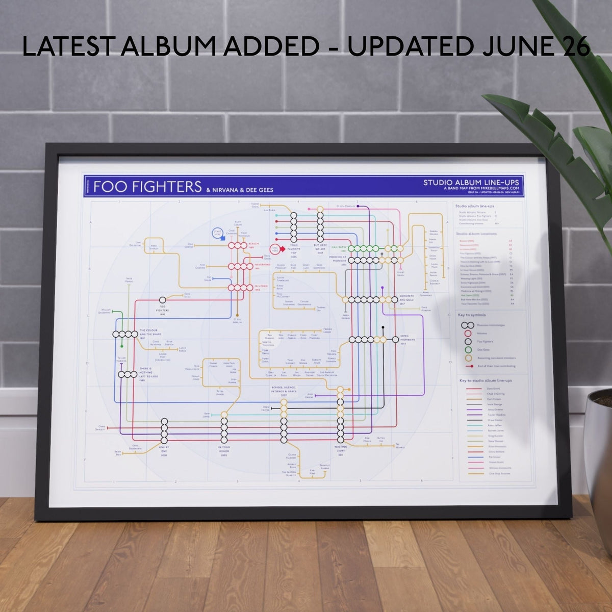 The Foo Fighters discography tube map art print in an A1 black wood frame, the releases running left to right from 1989 to 2026 with each credited musician drawn as a named line, designed by Mike Bell.