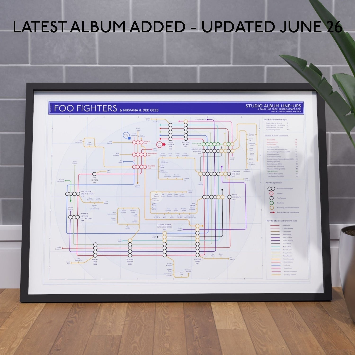 Gift for Foo Fighters fans - A1 framed Giclée discography tube map art print showing every studio album from Foo Fighters (1995) to Your Favorite Toy (2026) with every credited musician drawn as a named tube line, designed by Mike Bell