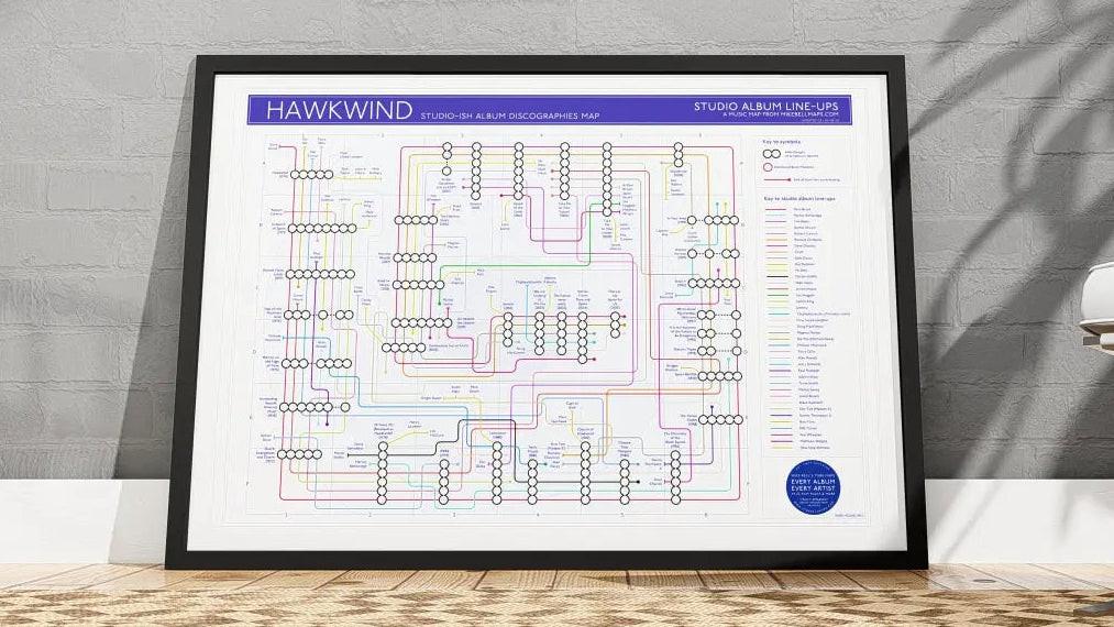 Hawkwind discography map wall art print in a black A1 landscape frame, hung on a feature wall, showing every studio album in order across five decades of line-up changes, designed by Mike Bell at mikebellmaps.com.