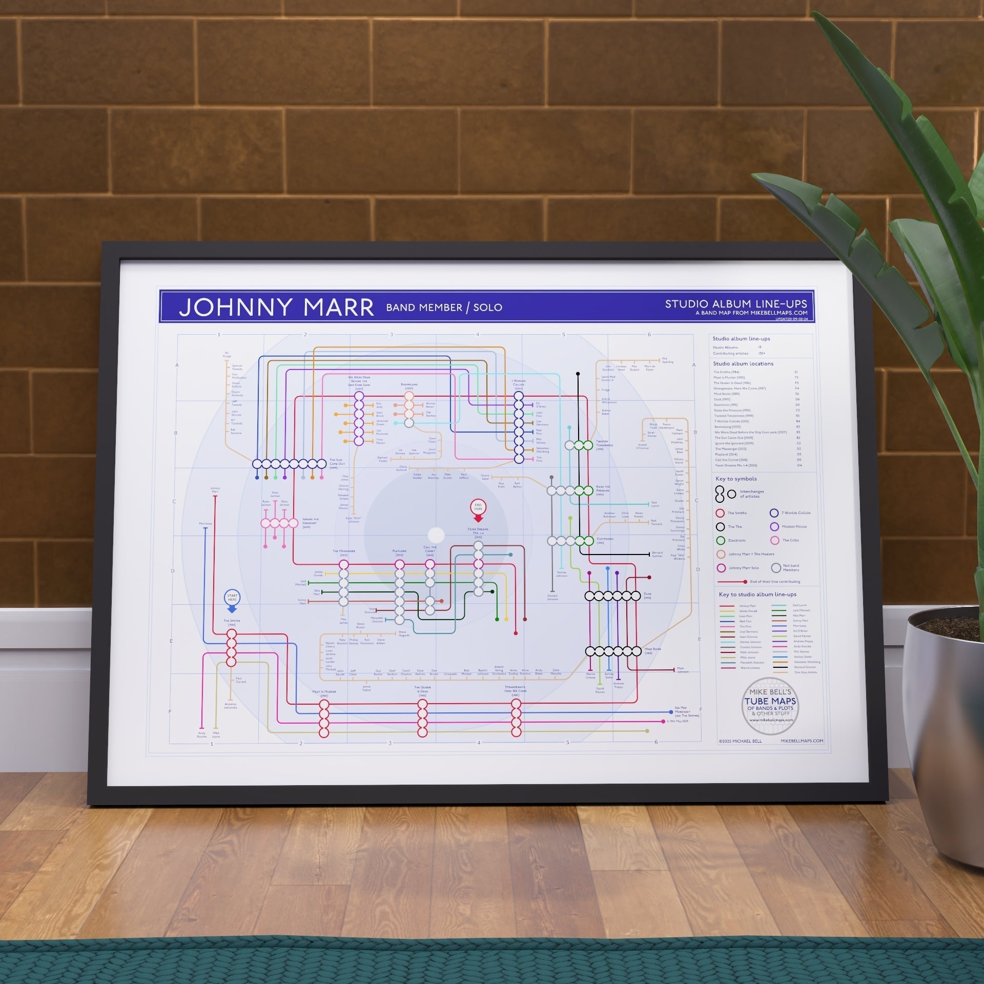 Johnny Marr and The Smiths discography map art print framed in A1, showing every studio album as a station and every credited musician as a tube line, designed by Mike Bell.