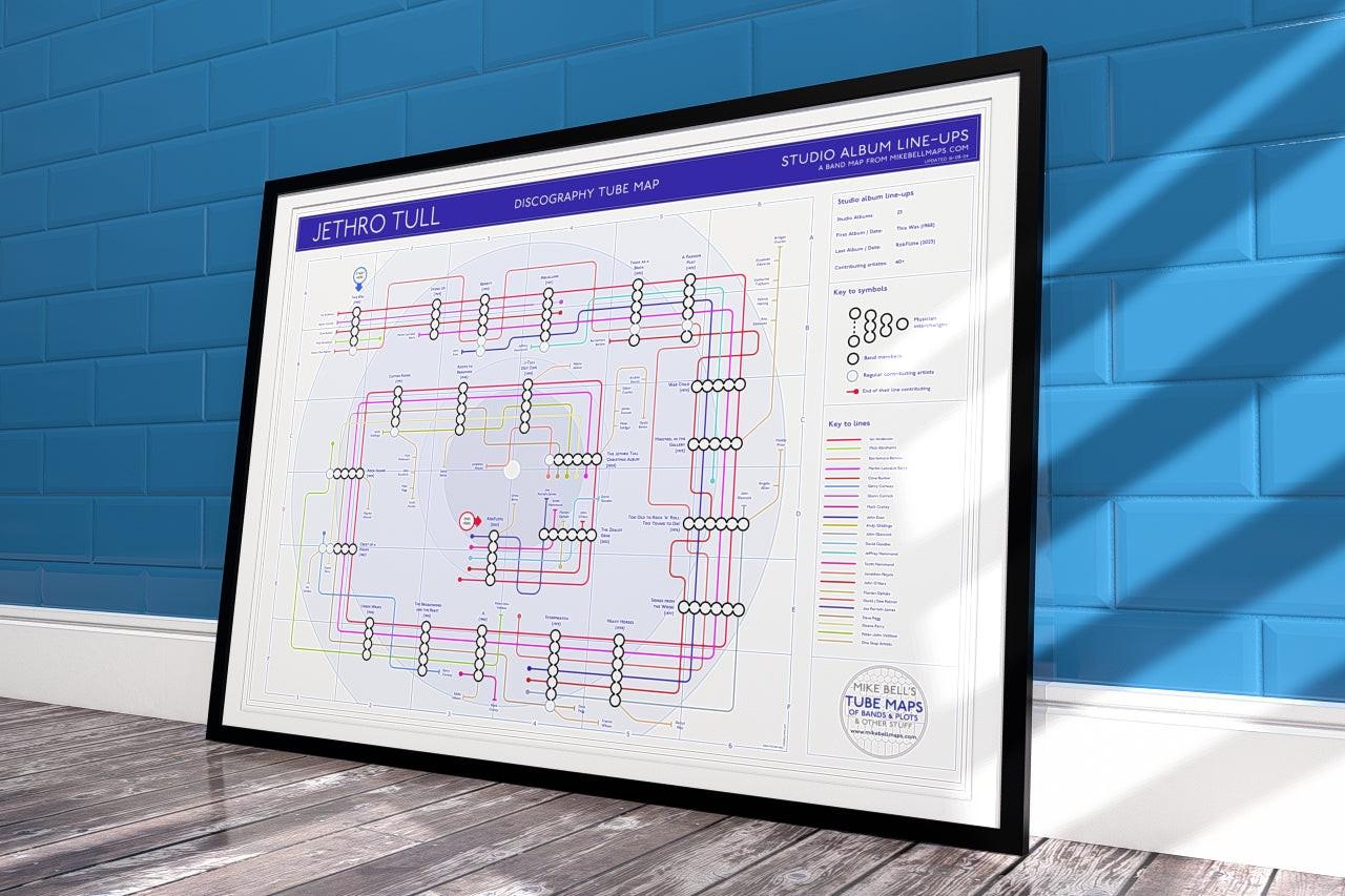 Jethro Tull gift for fans -  discography map art print framed in A1 landscape, showing every studio album as a station and every credited musician as a tube line, designed by Mike Bell.
