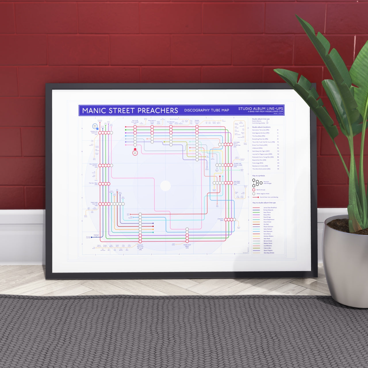 Manic Street Preachers discography map art print framed in A1, showing all fifteen studio albums and every credited musician as tube lines, designed by Mike Bell