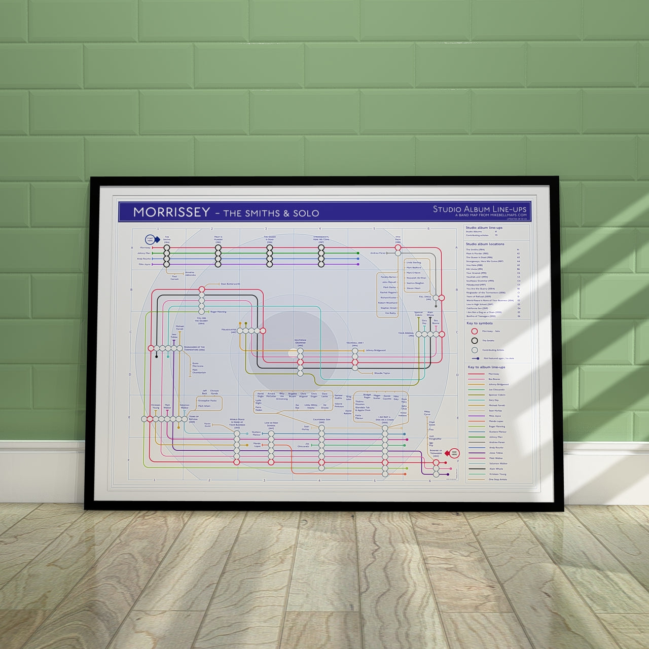 Morrissey and The Smiths discography tube map wall art print, 18 stations from 1984, designed by Mike Bell at mikebellmaps.com.