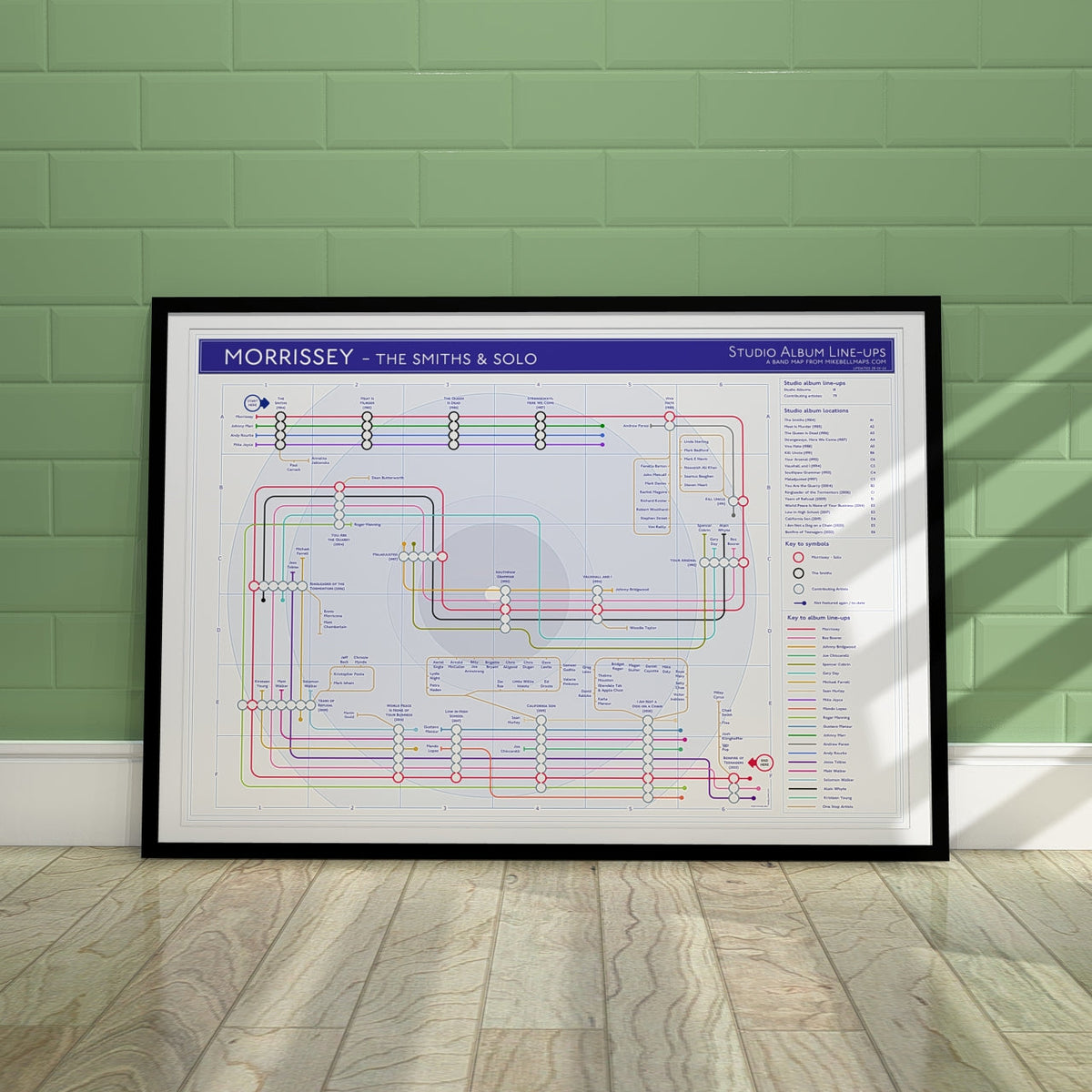 Morrissey and The Smiths discography tube map wall art print, 18 stations from 1984, designed by Mike Bell at mikebellmaps.com.