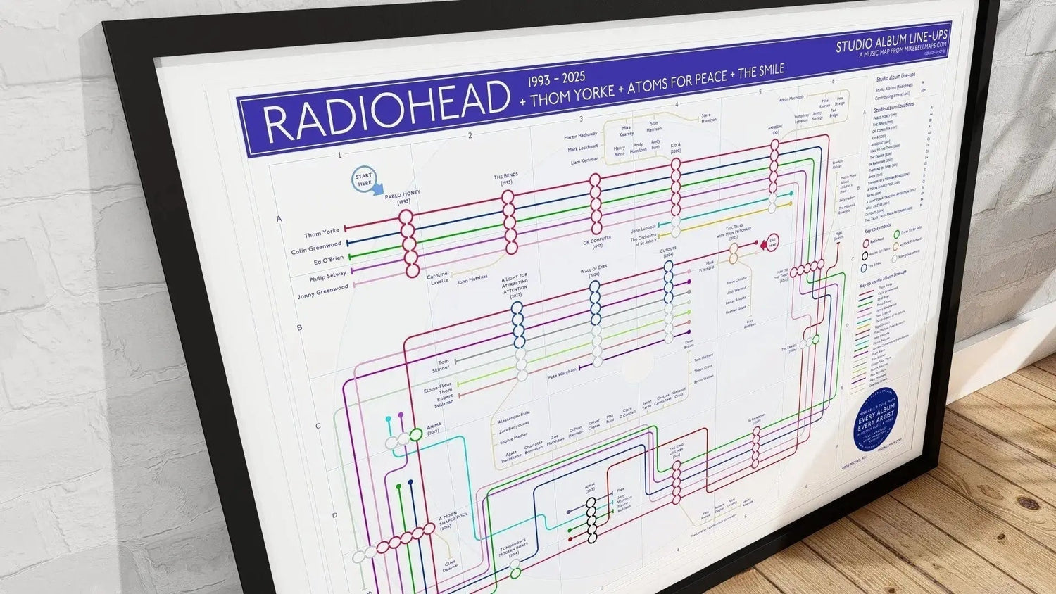 Unique Radiohead merch – detailed discography map including The Smile, Atoms for Peace, and Thom Yorke solo work