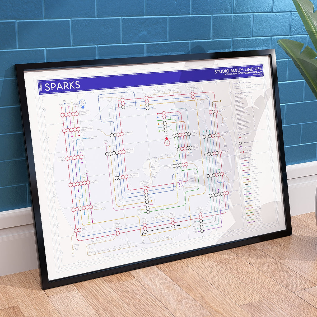 The Sparks discography tube map in an A1 black wood frame, the album stations running left to right in release order, designed by Mike Bell.