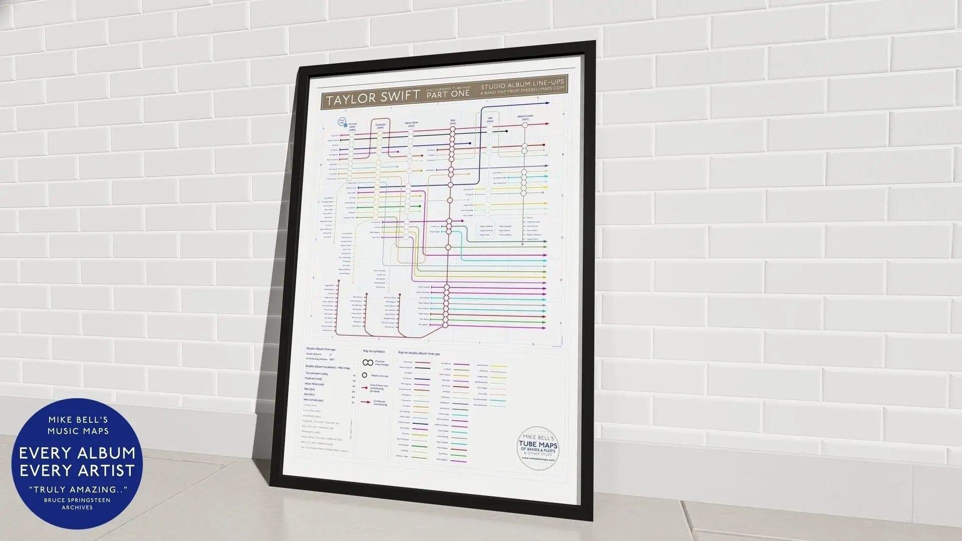Gift for Taylor Swift fans - Part One discography map art print in a black A1 landscape frame, showing every studio album from the 2006 debut through Reputation