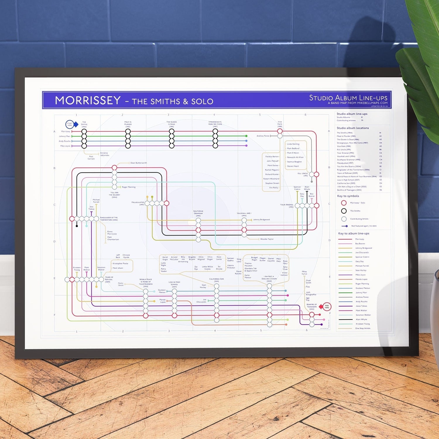 Gift for Morrissey fans, the framed A1 Morrissey discography tube map art print showing every solo studio album and credited musician, designed by Mike Bell