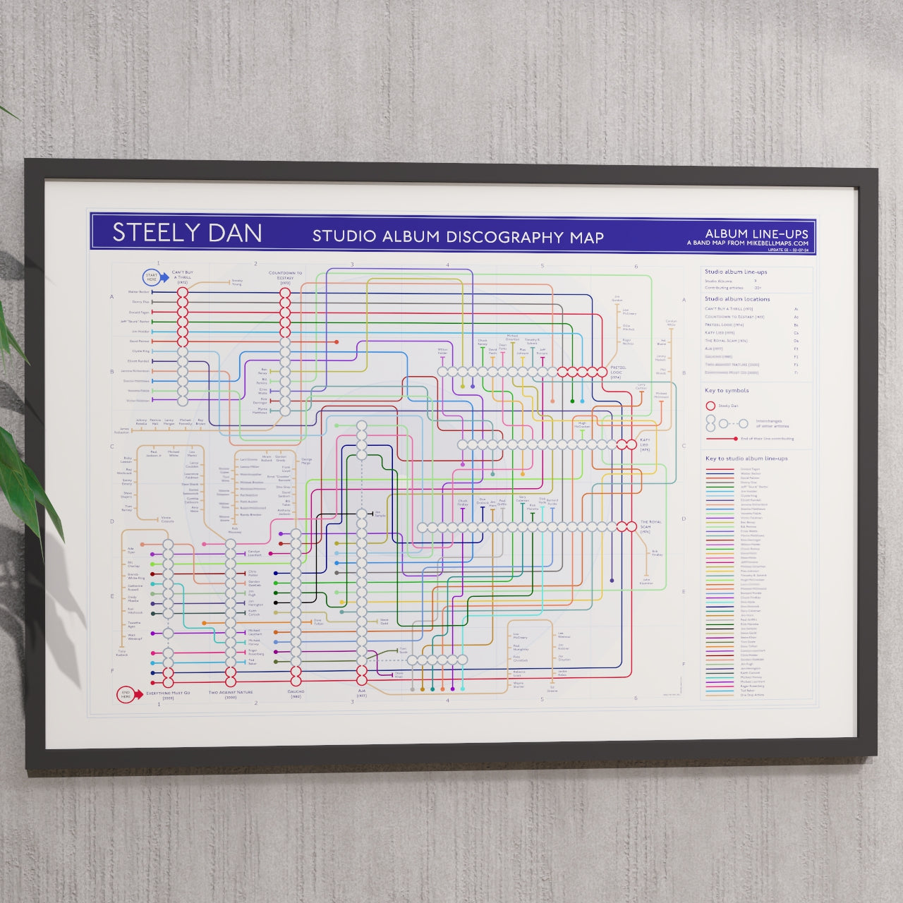 Ideal gift for Steely Dan fans - A1 framed Giclee discography tube map hung on a wall, designed by Mike Bell.