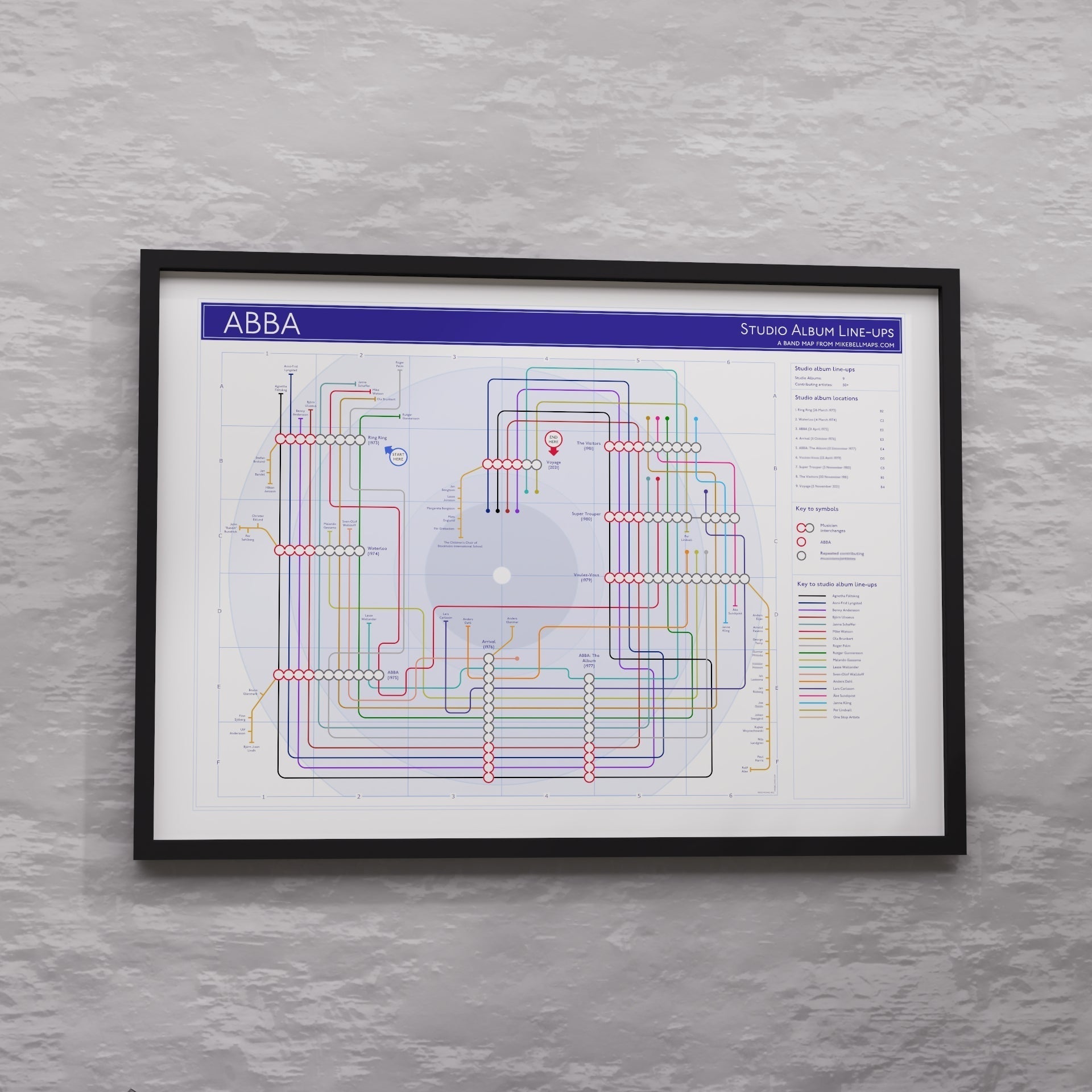ABBA discography map art print in a black wood frame, showing all nine studio albums as stations and every credited musician as a tube line