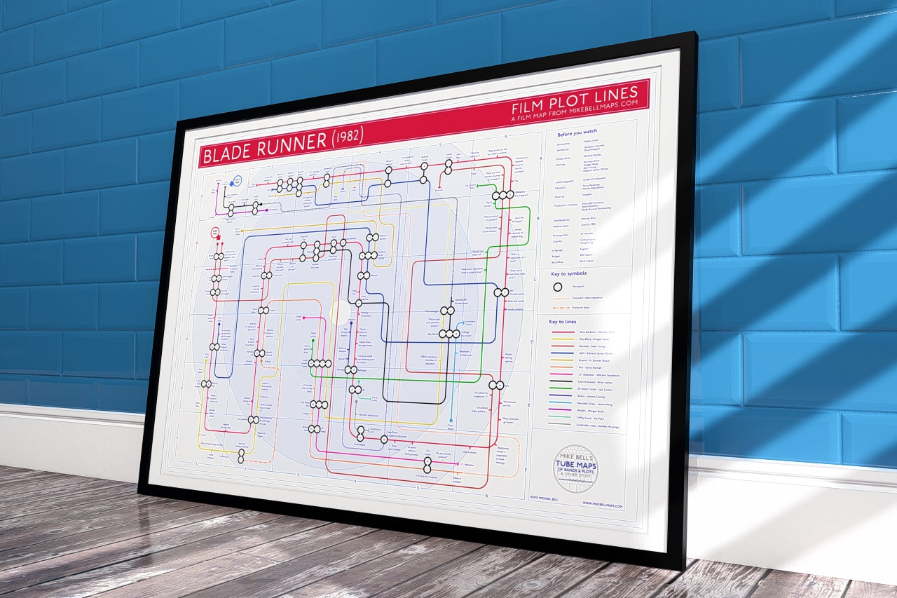 Mike Bell Maps art print, visual diagram of a band's discography styled like a London Tube map, with studio albums as stations and musicians as lines.