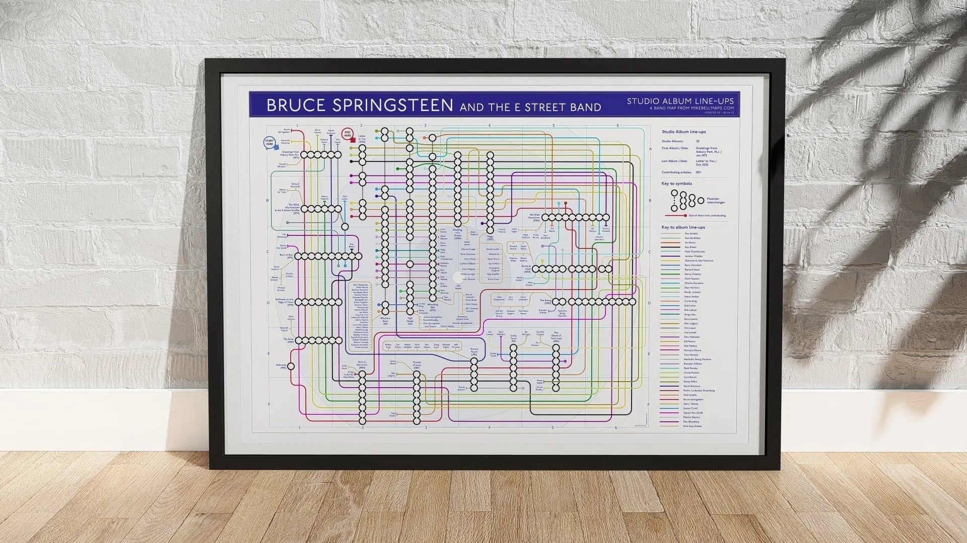 Bruce Springsteen art print: Discography tube map by Mike Bell; every studio album is a station, musicians are connecting lines.