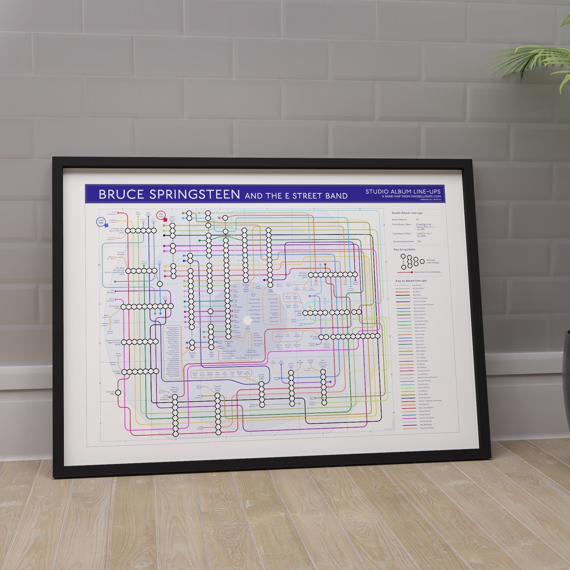 Ideal gift for Bruce Springsteen fans, A1 framed Giclée discography tube map hung on a feature wall, the same design held at the Bruce Springsteen Archives and Center for American Music, Monmouth University.