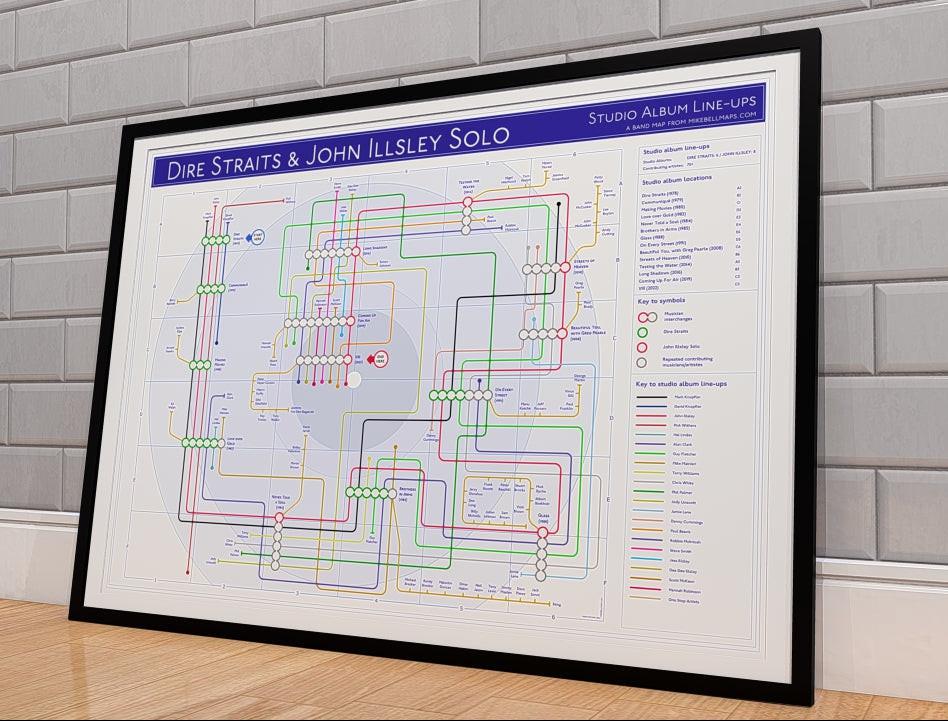 Gift for Dire Straits fans, framed A1 discography tube map art print of every studio album in order plus John Illsley solo records, by Mike Bell at mikebellmaps.com