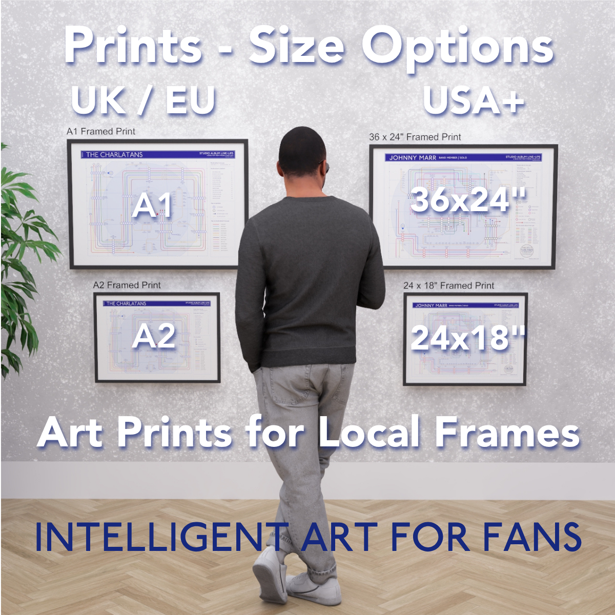 Art print sizes and frame options compared on a wall, A2 and A1 tube map wall art prints by Mike Bell at mikebellmaps.com.
