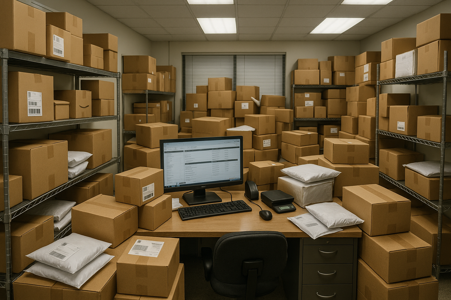 Parcels piled up in a shipping office, illustrating delivery and shipping updates for mikebellmaps.com orders to the US and Europe.