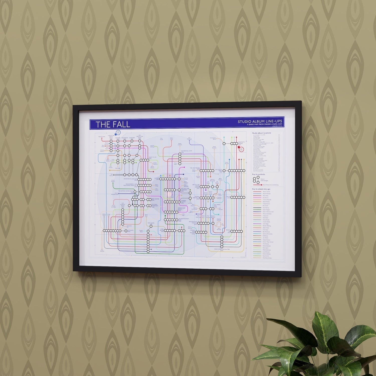 The Fall no Post Script discography tube map art print by Mike Bell showing all 31 studio albums as stations and every credited musician as a connecting line, from Live at the Witch Trials in 1979 to New Facts Emerge in 2017, framed in black wood