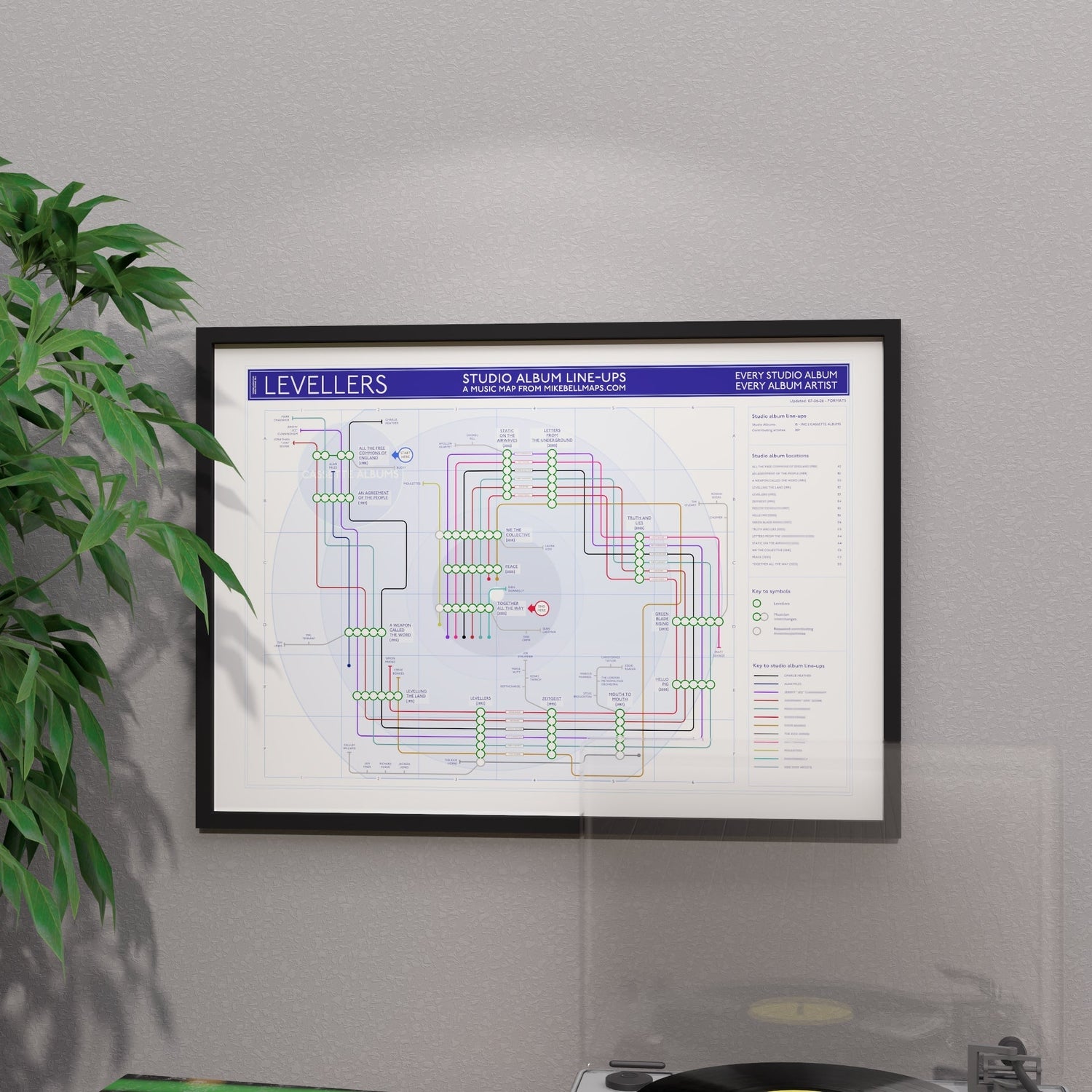 The Levellers discography tube map art print in A1, framed in black wood, showing every studio album as a station and every credited musician as a tube line, designed by Mike Bell.