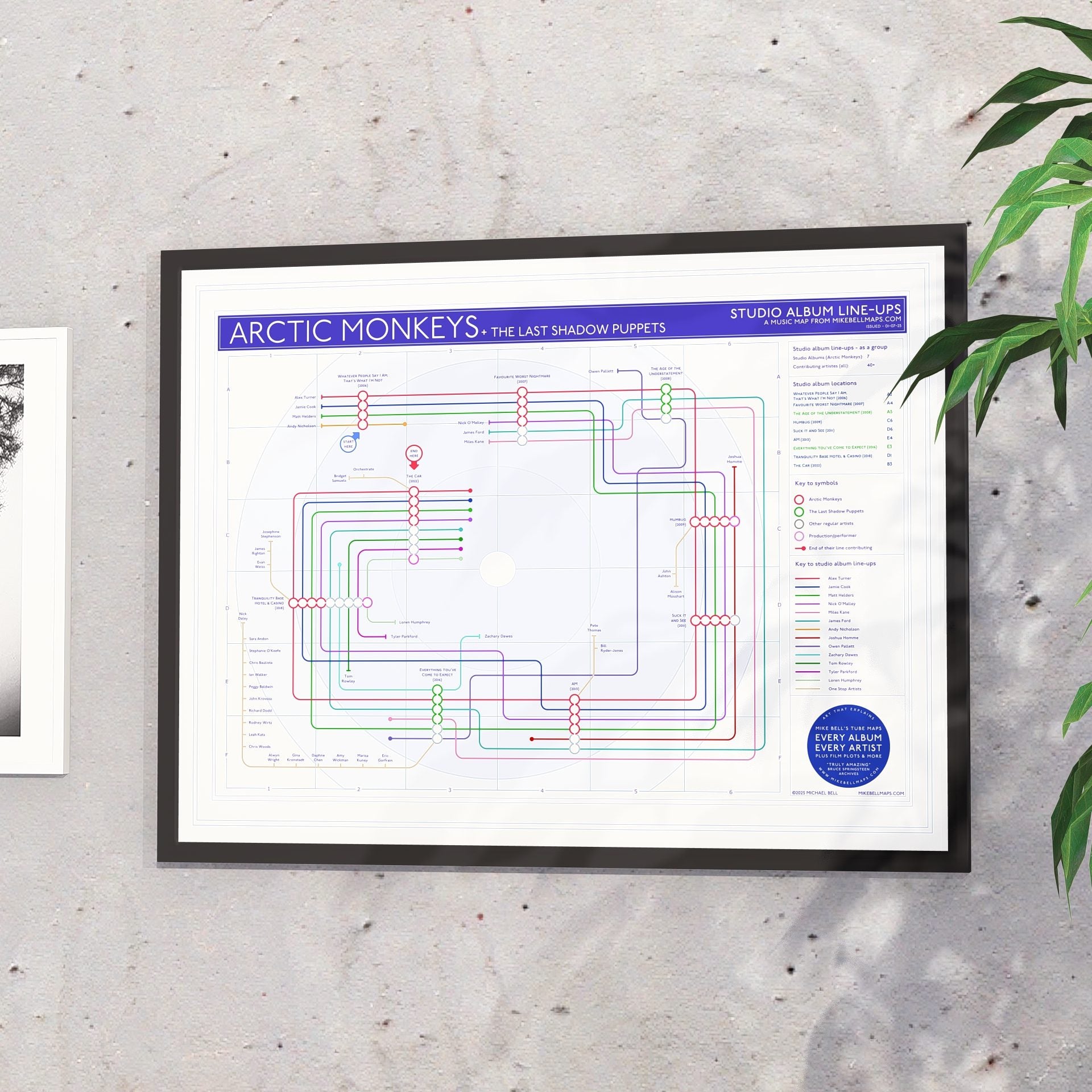 Gift for Arctic Monkeys fans - 24x18in (A2 equivalent) framed Giclée discography tube map wall art print, designed by Mike Bell.
