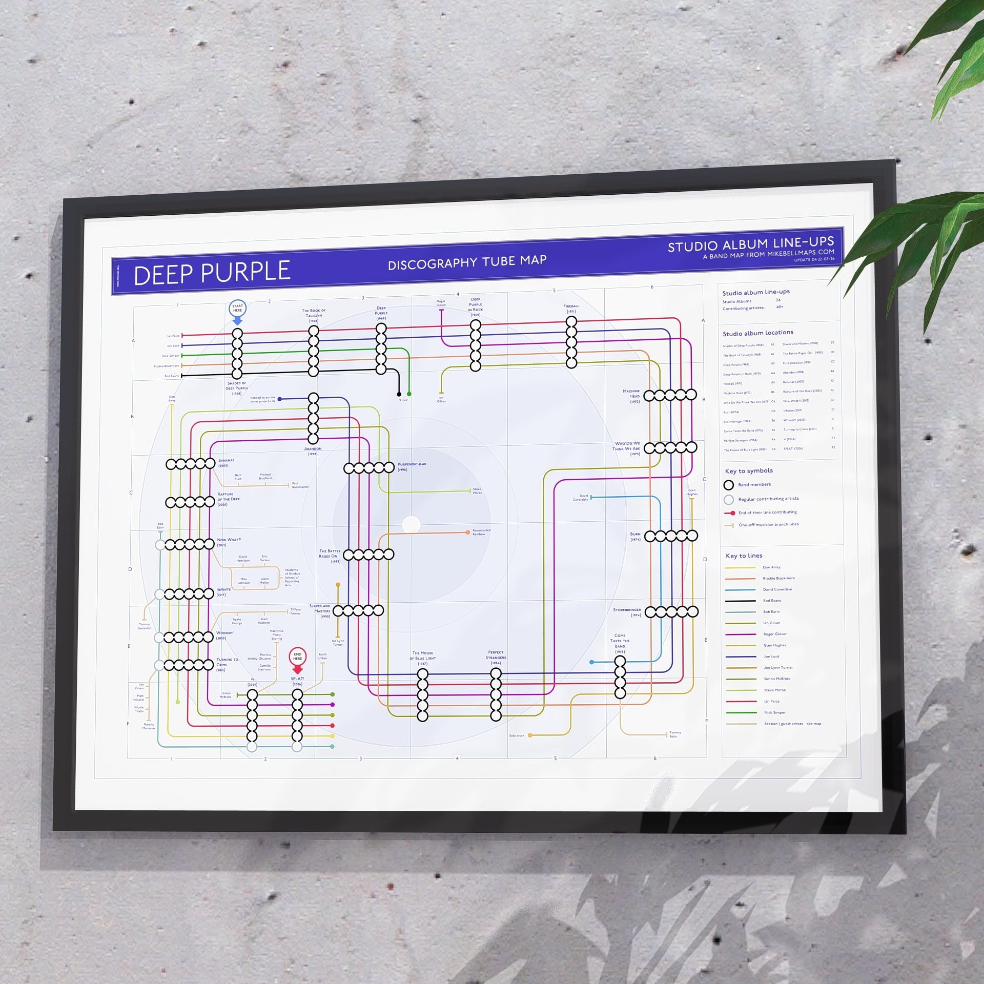 Gift for Deep Purple fans - 24x18in (A2 equivalent) framed Giclée discography tube map wall art print, designed by Mike Bell.