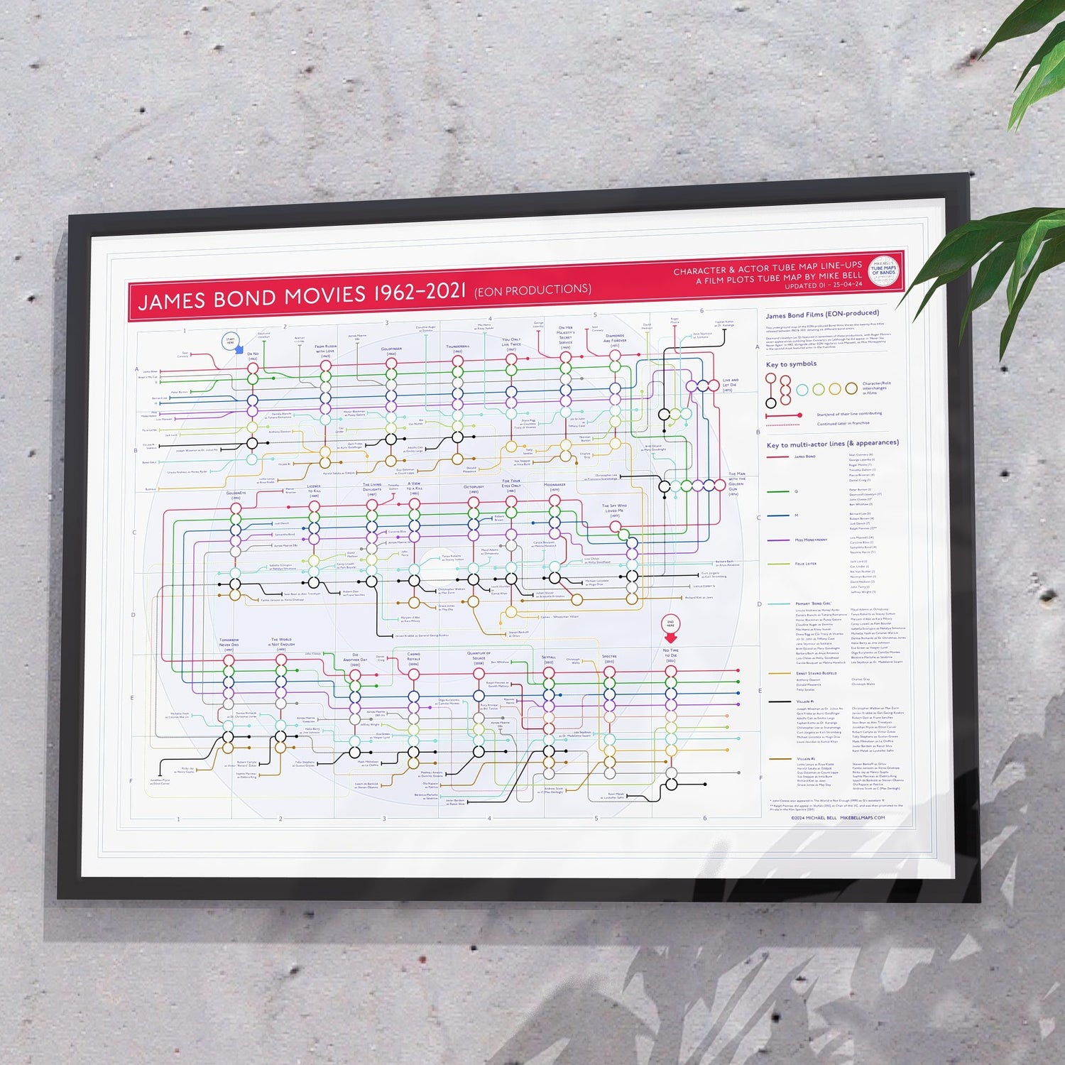 Gift for James Bond fans - 24x18in (A2 equivalent) framed Giclée movie map wall art print, designed by Mike Bell.