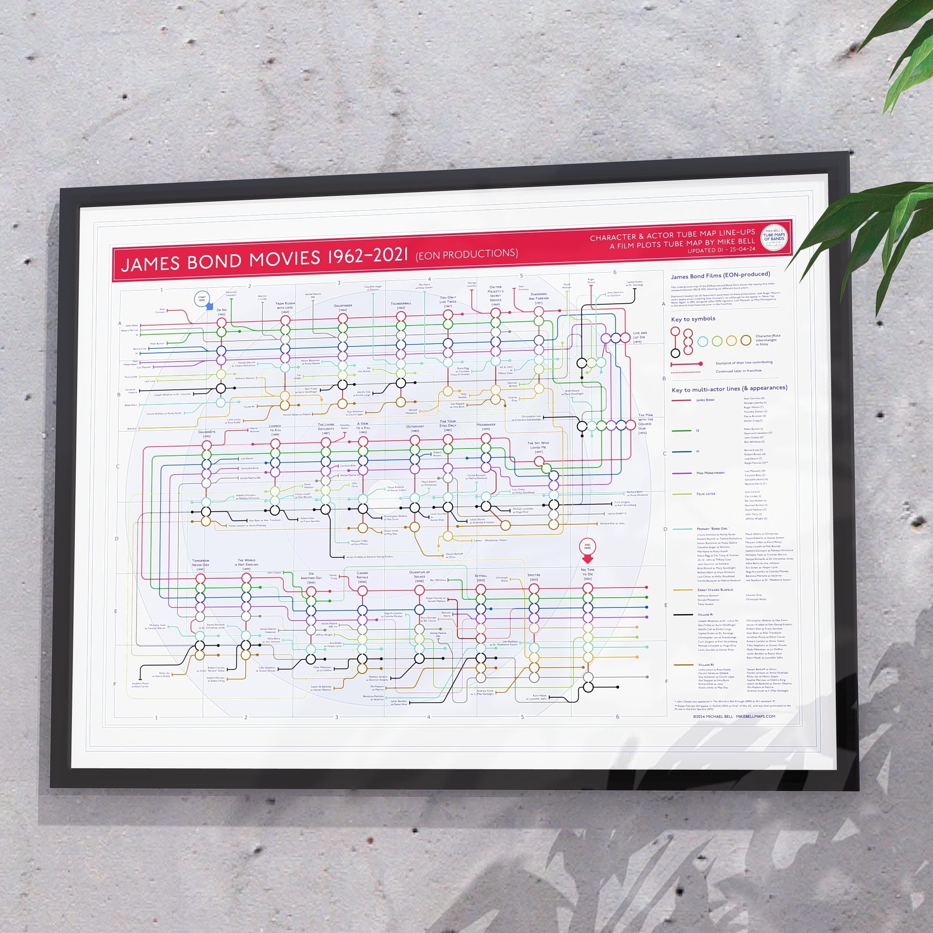 Gift for James Bond fans - 24x18in (A2 equivalent) framed Giclée movie map wall art print, designed by Mike Bell.