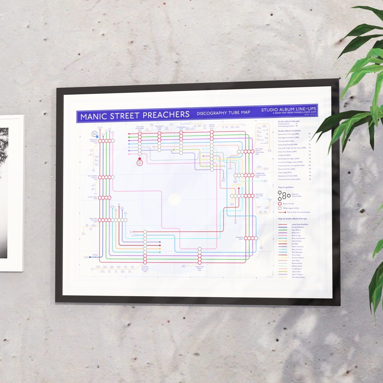 Gift for Manic Street Preachers fans - 24x18in (A2 equivalent) framed Giclée discography tube map wall art print, designed by Mike Bell.